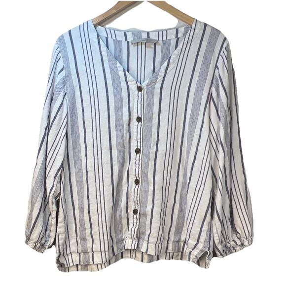 Loft Womens Size Large button front Long Sleeve Linen Blend Blouse Blue White - Picture 1 of 8